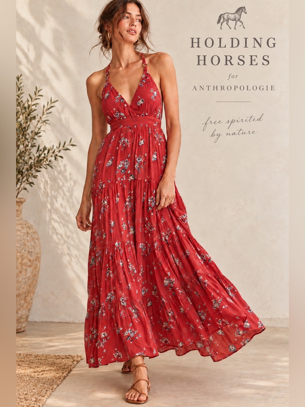 Anthropologie Holding Horses Wingra Maxi Dress Red Floral Boho Size M Western